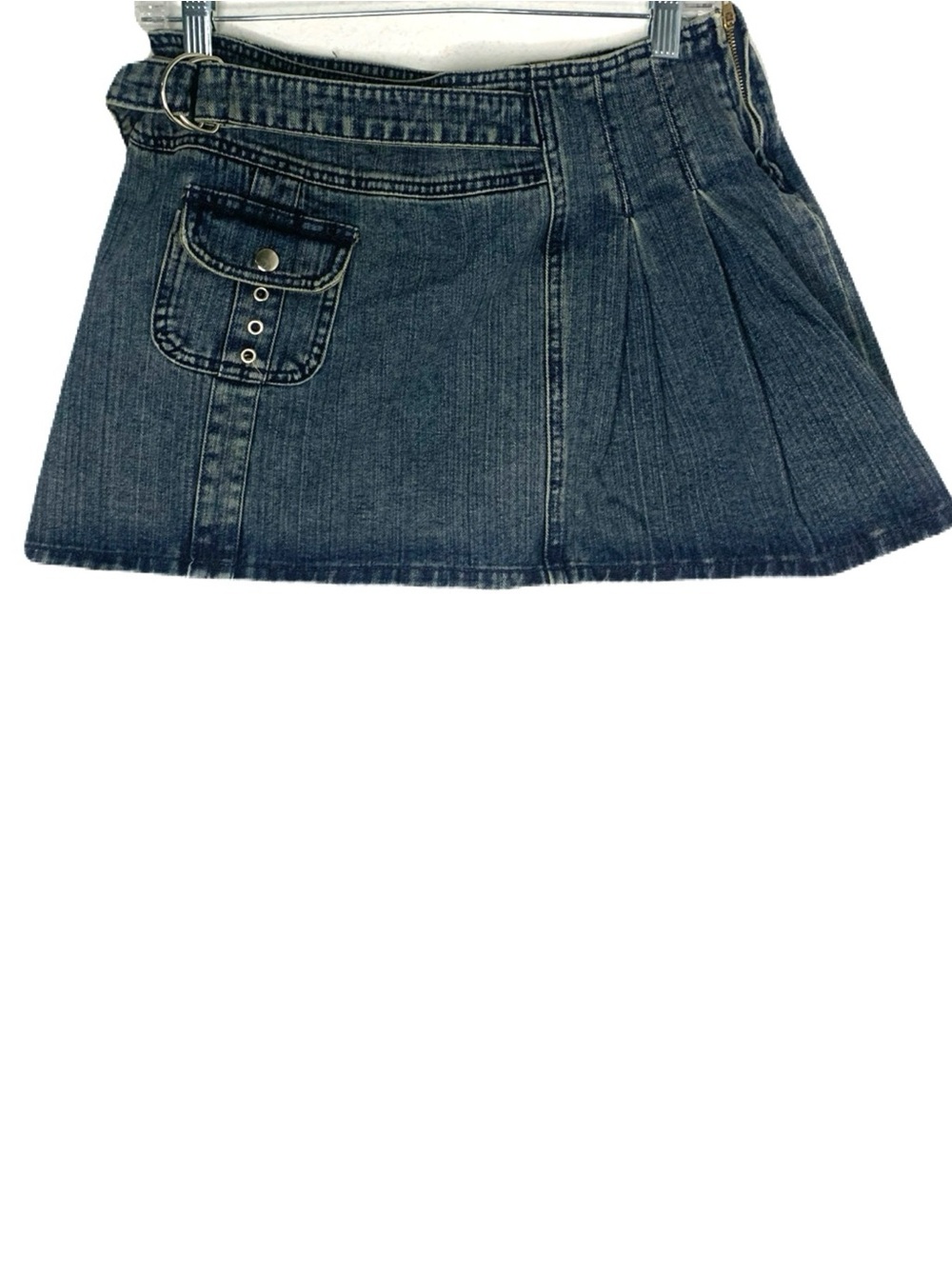 Vintage Y2K Dark Denim Medium Flare Side Kik Girl Mini Jean Skirt Pleated Belt